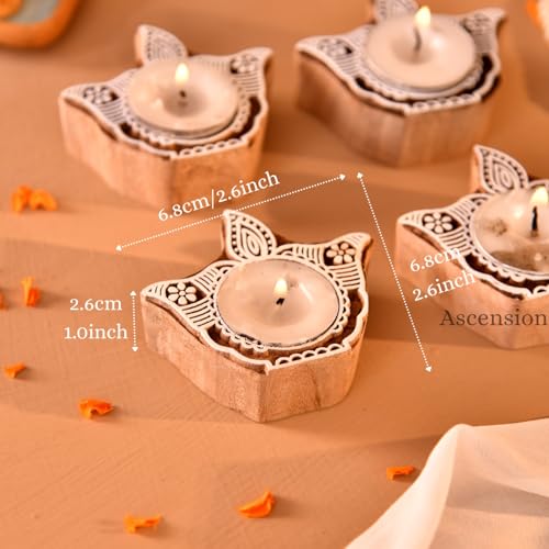 Image of Ascension Pack of 4 Wooden Diya Shaped Tea Light Candle Holder Handmade Wooden Block Print Tealight Candle Stand Decorative Items for Puja Gifting Indoor Outdoor Diwali Decoration Home & Office Decor