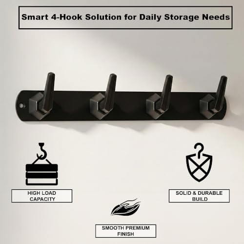 Image of Modern Design Cloth Hanger for Wall /4 Hook Dress Hanger for Door Mount /Bathroom Hooks for Hanging (Black Finish) Pack of 1-| 3 Years Warranty |