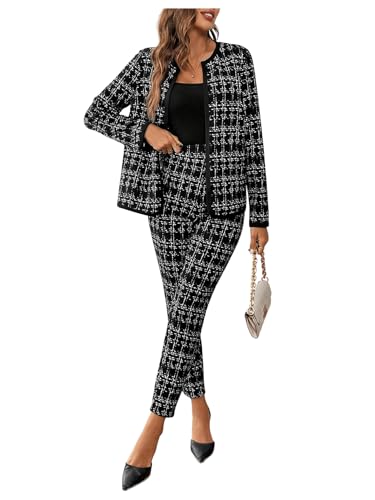 SOLY HUX Women's 2 Piece Outfit Plaid Open Front Long Sleeve Blazer and Pants Work Office Set