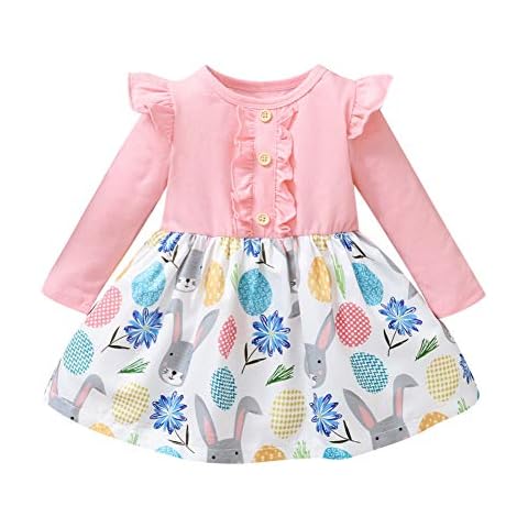 Blaward Baby Girl Dress, Toddler Girl Long Sleeve Easter Bunny Dress Kids Rabbit Flowers Princess Dress for 1-4Years (Pink, 12-18 Months) Cover