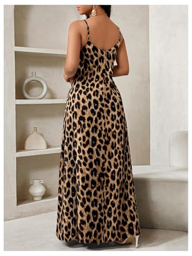 SOLY HUX Women's Leopard Maxi Dress Cheetah Print V Neck Spaghetti Strap Summer Flowy Long Cami Dresses Sundress2
