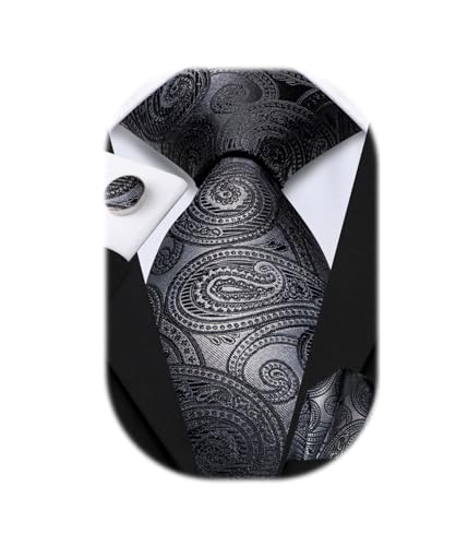 Image of Hi-Tie Paisley Floral Ties Set for Men Silk Mens Stripes Necktie Pocket Square Cufflinks Set Formal Business