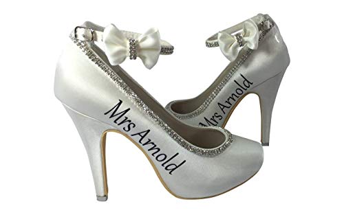Satin Bow on Diamonte Ankle Strap Satin 4 inch Pumps, Navy Ivory