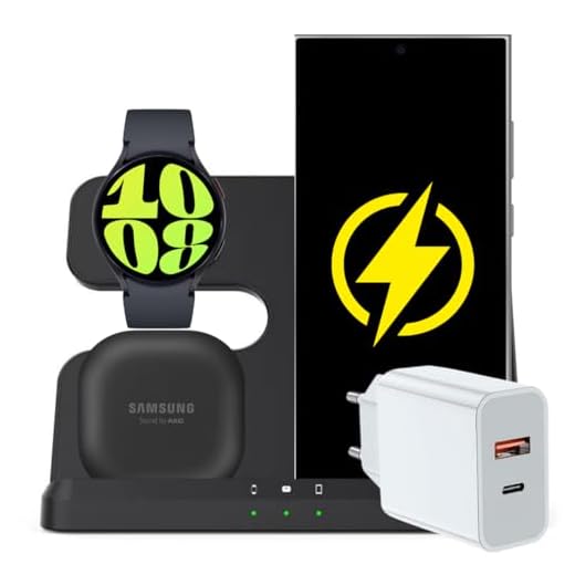 Kit Dock Carregador Sem Fio Indução 3 em 1 Compatível com Samsung S23 / S24 Ultra + Galaxy Watch 4 5 6 + Earbuds (Carregador Indução para Samsung Preto)