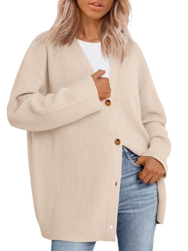 LILLUSORY Women Oversized Cardigan Sweater 2025 Fall Outfits Cloth Fashion V Neck Knit Button Front Casual Trendy Tops Apricot Medium