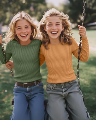 Image of 4 Pack Girls Long Sleeve Shirts Ribbed Knit Cotton Crewneck Tops Slim Fit Soft Casual Kids Base Layer Undershirts