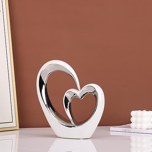 Escultura Doble Corazón de Porcelana Blanca y Plata miniatura 6