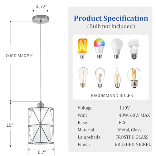 KLOSM Modern Mini Pendant Light in Brushed Nickel Finish with Frosted Glass Shade 1-Light Adjustable Cylinder Pendant Lighting Fixture for Kitchen Island Sink Dining Room Counter Farmhouse - Image 6
