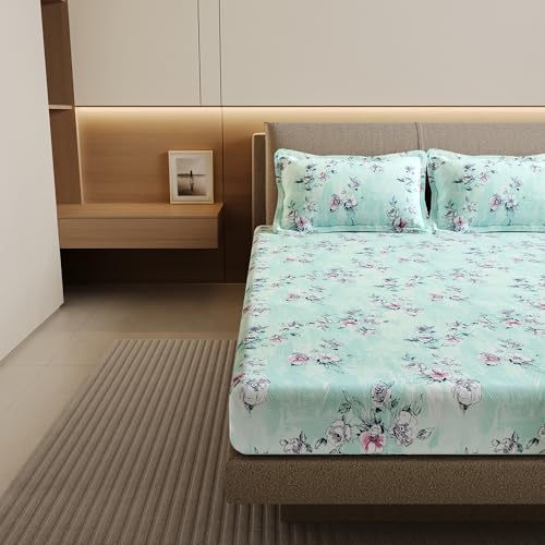 Image of Divine Casa 144 TC Cotton Double Bedsheet with 2 Pillow Covers | Soft Breathable Bedsheet for Double Bed | Modern Printed Bed Sheet Set for Bedroom & Guest Room (Mint Green, Floral)