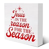 Mukjyuyi Rustic Christmas Wooden Box Sign, 5 x 5 Inches, Jesus Is the Reason for the Season, Christmas Decorative Sign for Home, Office, Bedroom