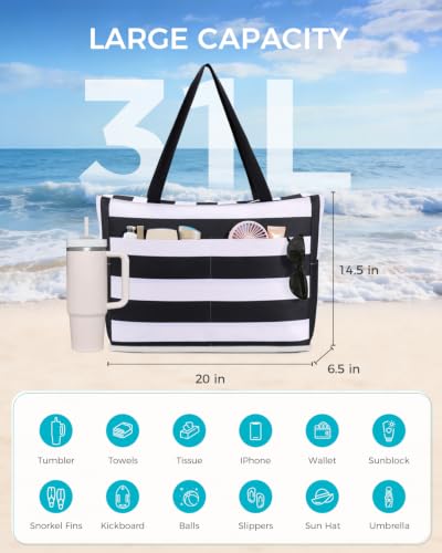 Image of WANDF Beach Bags for Women, Large Waterproof Sandproof Beach Tote Bag with Zipper Family Pool Bags with 40oz Tumbler Pocket, Swim Cruise Vacation Essentials (Black)