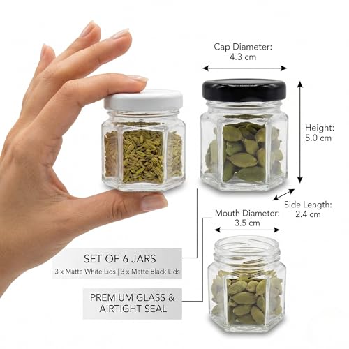 Image of Cute Hexagonal 50 grams Airtight Glass Jar Containers for Honey, Spices & other Kitchen Items with Rust Proof Black & White Color Caps -Set of 06