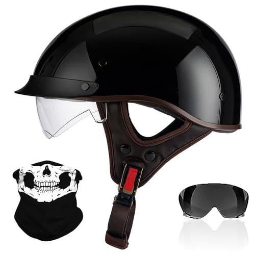 RHBDDHV Retro Motorrad Halbhelme, Motorradhelm mit ECE Zertifiziert, Vintage Deutscher Stil Jethelm mit Visier, Halbschalenhelm Damen und Herren, für Biker Chopper Cruiser Roller Scooter