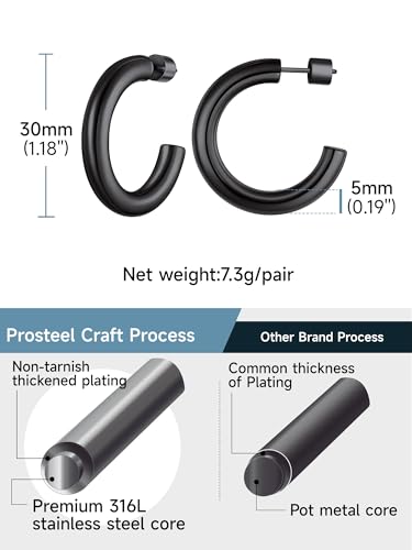Image of Stainless Steel Chunky Hoop Earrings For Women, Minimalist and Chic, Black /Gold Plated, Round Hoops Earrings Hypoallergenic, Size: 30mm /40mm /60mm /80mm, Come with Box