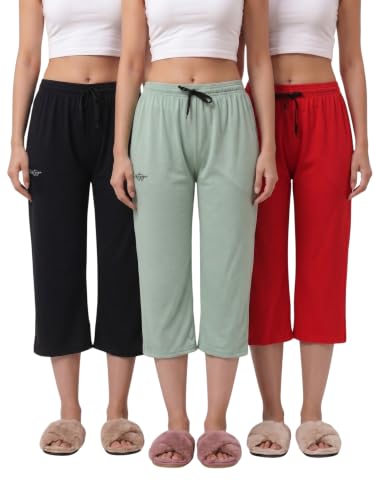 Image of Fflirtygo Women's Cotton Plain Calf Length Capri | Nightwear Pajama | 3 /4th Solid Pyjama Pant | Black Navy and Lavender Lounge Pants | Casual wear & Lounge Wear Capri Combo (Pack of 3)