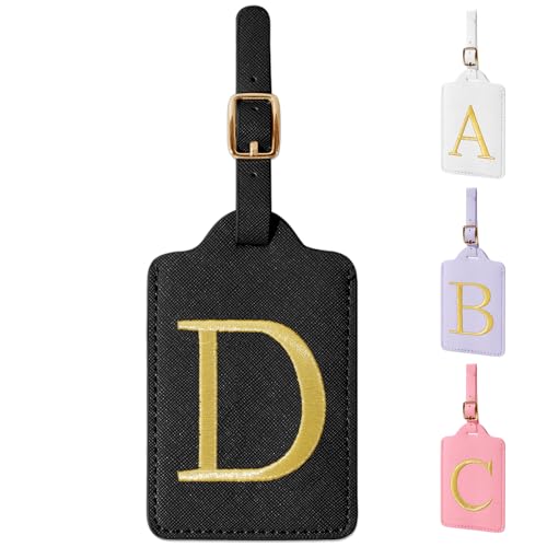 Personalized Initial Luggage Tags for Suitcase TSA Approved, Black Leather Cute Luggage Tag with Privacy Cover Name Card, Embroidered Custom Luggage Tags Travel Backpack Tags Gifts for Women Kids(D)