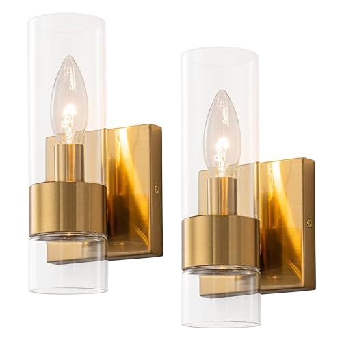 Image of Brass Indoor Wall Sconces Set of Two, Bathroom Vanity Light Fixtures Over Mirror, Glass Wall Lamps for Bedroom Side Vanity Lights for Bathroom Sink Hallway, E12 Base