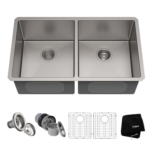 Kraus Standard PRO 33-inch 16 Gauge Undermount 50/50 Double Bowl Stainless Steel Kitchen Sink, KHU102-33