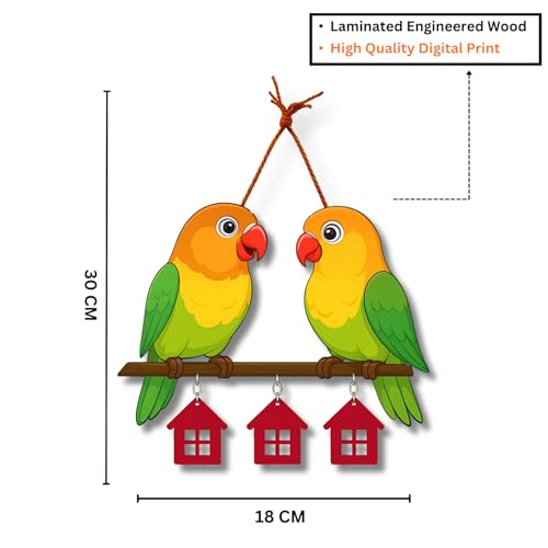 Image of GiftOday Cute Pair Of Parrot Wooden Wall Hanging for Home & Kitchen Decor | Decorative Items for Livingroom | Modern Artworks Items | Peace Charm Door Accent Decorative Hangings Size-18 x 30 CM