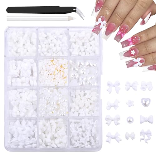 3D Bow Charms for Nails Cute Butterfly Nail Charms White Bows Style and Flatback Pearl Nails Petal,for Manicure DIY Nail Art Design Jewelry Decoration