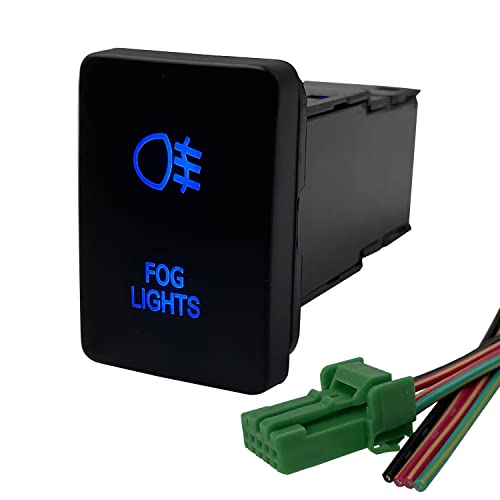 Image of Blue Led Fog Lights Push Button Switch for Toyota Sequoia Highlander Landcruiser Tacoma 4Runner Highlander 3Amp 12V Illuminated ON-Off SPST Button Switch with Wiring Connector