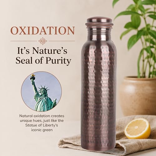 Image of Copper Water Bottle, Copper Drinking Bottle Hammered, 32 oz Antique
