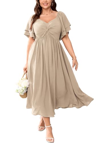 SCOMCHIC Women's Plus Size Wedding Guest Cocktail Dresses Sweetheart Neckline Ruffle Sleeve A Line Maxi Dress Beige