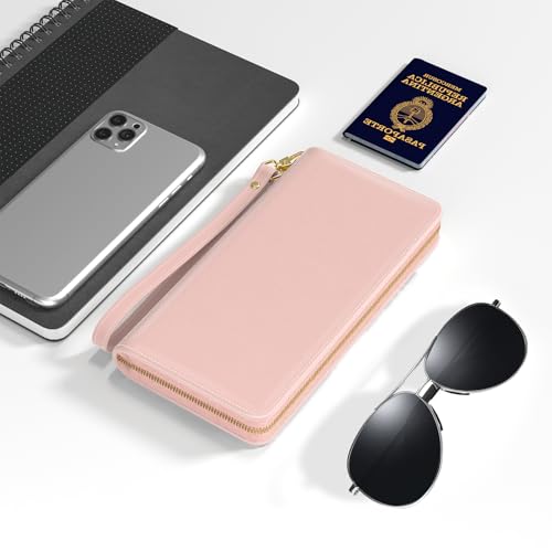 Image of Nipichsha Womens Wallet, RFID Wristlet Wallet for Women, Cute Ladies Purse, Large Credit Card Clutch Purse, Leather Card Holder Wallets with Zipper & Phone Holder, Pink