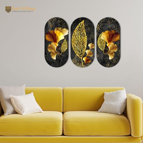 Image of Artvibes Golden Leaf Auspicious Wooden Art Work Wall Hanging For Good Luck Properity Vastu | Spiritual Decor Items | Paintings | Wall Illustrations| Modern Decor Item | Ideal Gift (WH 9001N), Set of 3