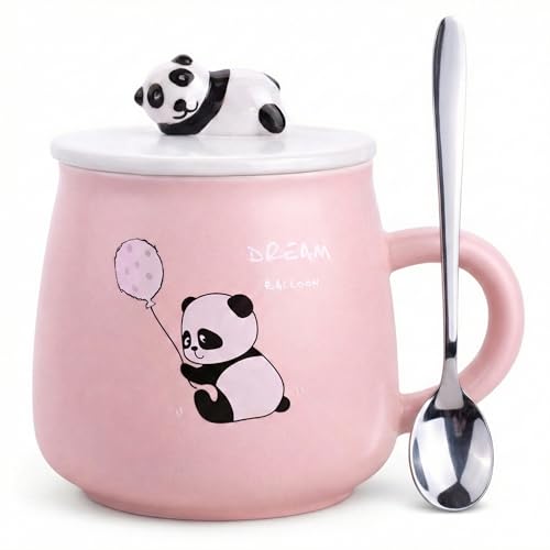 Image of BonZeal Ceramic Panda Mug with Lid & Spoon | Pink Coffee & Tea Cup for Girls & Kids | Cute Birthday Gift for Daughter, Friend & Panda Lovers | 325 ml