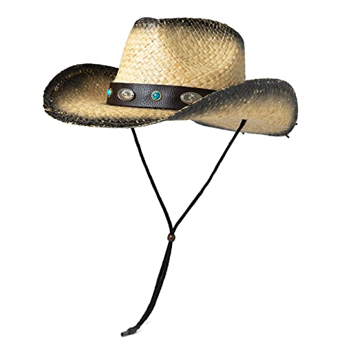 Image of Comhats Western Style Round Cowboy Straw Hat Ladies Fedora Chin Cord Vegan Leather Band Shapeable Brim Beach Cowgirl