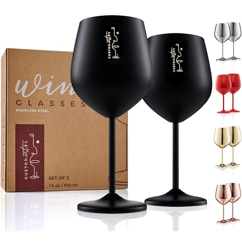 Weingläser mit Stiel aus Edelstahl - Unzerbrechliche Kelche mit 540 ml Fassungsvermögen für Poolpartys im Freien Jubiläen - Elegantes Trinkgeschirr in Schwarz für Champagner und Cocktails (2er Pack)