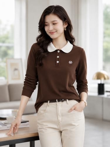Image of Women's Polo T-Shirt | Long Sleeve Casual T-Shirt | Soft Comfortable Korean Style Trendy Top for Women
