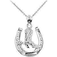 .925 Sterling Silver Lucky Horseshoe with Cowboy Boot Charm Pendant Necklace with Rolo Chain - 20\"