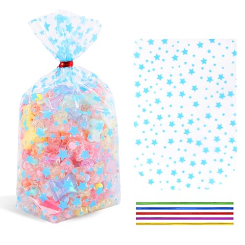 SOMIOCO Star Flat Bottom Gusset Cellophane Bags 5X 7 IN 100 PCS Clear Cellophane Gift Bags Party Favor Bags Blue Cello Cellophane Treat Goodie Bags for Party Favors Packaging Candy Cookies Popcorn