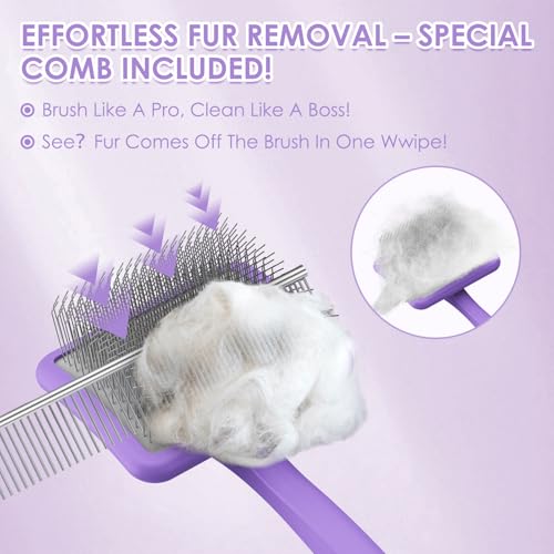 Image of Large Dog 3 in 1 Grooming Kit, Extra Long Pin Slicker Brush Purple | Ideal for Goldendoodles, Poodles; premium wooden handle; undercoat rake; removing thick mats; tangle deshedding