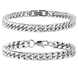 2 Pcs Cuban Link Bracelet Silver Chain Bracelet Men Sturdy Stainless Steel Bracelet Cuban Figaro Chain Bracelets Franco Wrist Chain Mens Silver Jewelry Bracelet Gifts for Men Women 8.26inch