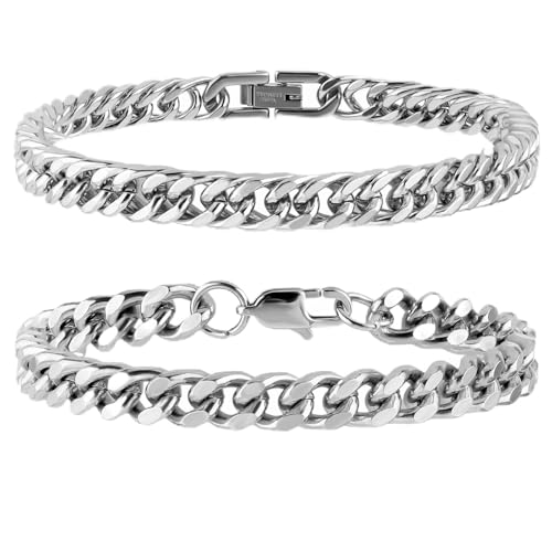 2 Pcs Cuban Link Bracelet Silver Chain Bracelet Men Sturdy Stainless Steel Bracelet Cuban Figaro Chain Bracelets Franco Wrist Chain Mens Silver Jewelry Bracelet Gifts for Men Women 8.26inch
