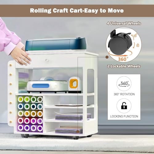 Image of Craft Table,Craft Cart for Cricut Organization and Storage,Craft Desk with Vinyl Roll Holders&Drawer&Hooks,Craft Cabinet Table and Heat Press Stand Workstation for Cricut Craft Room-White