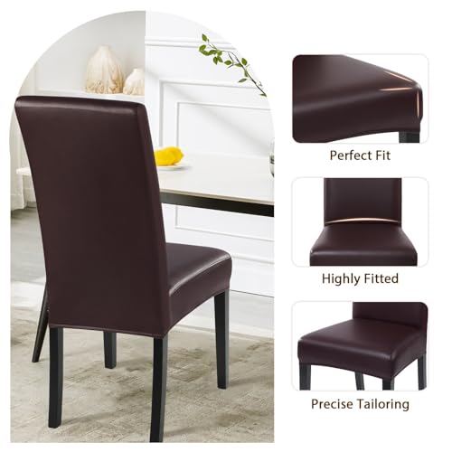 Image of SearchI Waterproof PU Leather Dining Chair Covers, Set of 6, Deep Brown | Stretch, Oilproof, Parsons Chair Slipcovers, Removable Washable, Kitchen Chair Protector for Dining Room, Hotel, Banquet