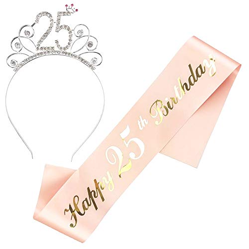 JKJF Lot de 2 serre-têtes Happy 25e anniversaire - Avec strass - Pour femme - Cadeau d'anniversaire - Couleur or rose Cover