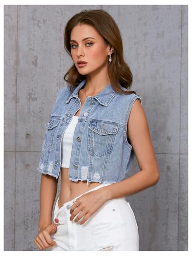 Verdusa Women's Ripped Raw Hem Sleeveless Button Up Crop Denim Vest Jean Outerwear4