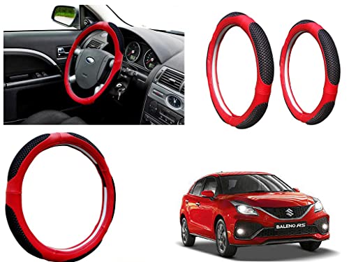 Image of Microfiber Car Steering Wheel Cover, Soft Padding Great Hand Feel, Anti-Slip, Faux Leather Steering Cover for Maruti Suzuki Baleno RS 2019 | Black Red Jali - Pack of 1