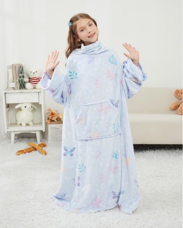 Viviland Wearable Fleece Blanket with Sleeves & Foot Pocket for Kids Lightweight Soft Blanket for Boys and Girls, 47