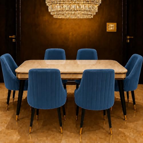 Image of WOODEN SPACE 6-Seater Wooden Dining Table Set | Nano Composite Marble Top | Solid Wood Base | Modern Dining Room Furniture with 6 Chairs (Blue Infinity Backline)