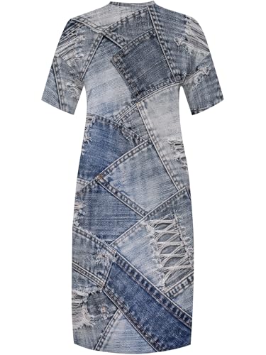 Image of SUZONANA Plus Size Dresses for Women Casual Denim Print V Neck Short Sleeve Maxi Dress Trendy Jean Ripped Streetwear Long Curvy Fashion Party Sundress