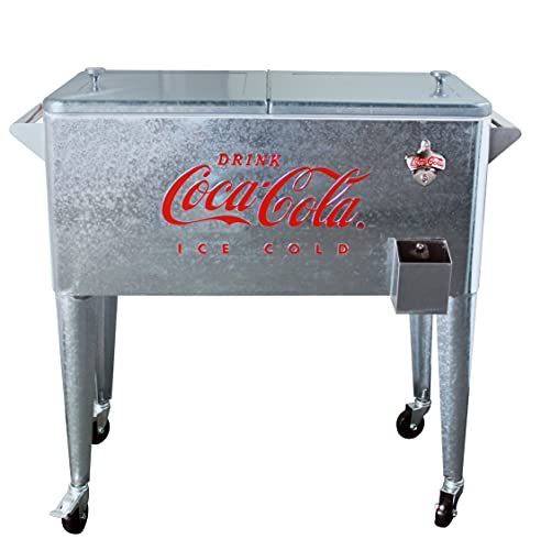 Leigh Country Coca-Cola 80-Qt Galvanized Rolling Cooler ICE Cold Retro Design Outdoor Beverage Cooler with Bottle Opener