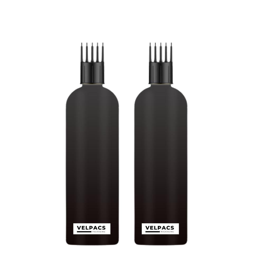 Velpacs 200ml Empty Black Plastic Hair Root Applicator Bottle With Comb Head - Perfect for Rosemary Tea, Oil, Colour, Shampoo - Travel Friendly (Pack of 2)