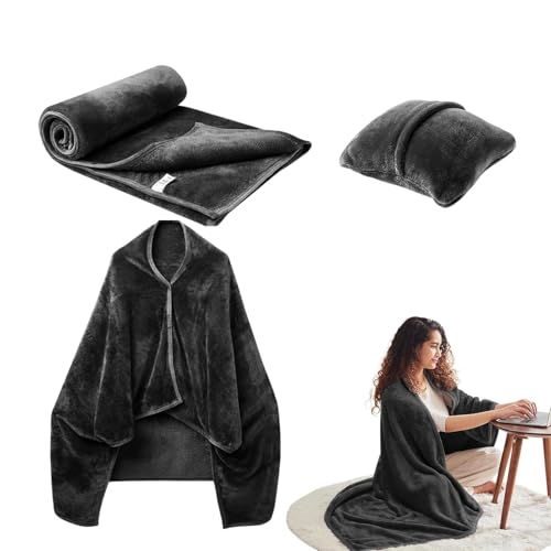 Combo de Almohada de Manta: Combo de Almohada compacta de Viaje, Manta de avión de Viaje cálida de Franela, Almohada de Manta de Chal para Mujeres y Hombres