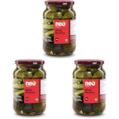 Image of Neo Whole Gherkins 480g I Pack of 3 I 100% Plant Based I Low Fat Sweet and Crunchy Pickles, Ready to Eat I Enjoy with Nachos, Make a Healthy Salad at home